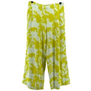 Marc New York Chartreuse Floral High Waisted Wide Leg Crop Pants M Linen Blend